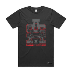 Front mockup image, SA logo with inside design of Aotearoa inspired and Auckland Sky tower on coal premium quality tshirts. Stunna tag on bottom left. Screen printed image
