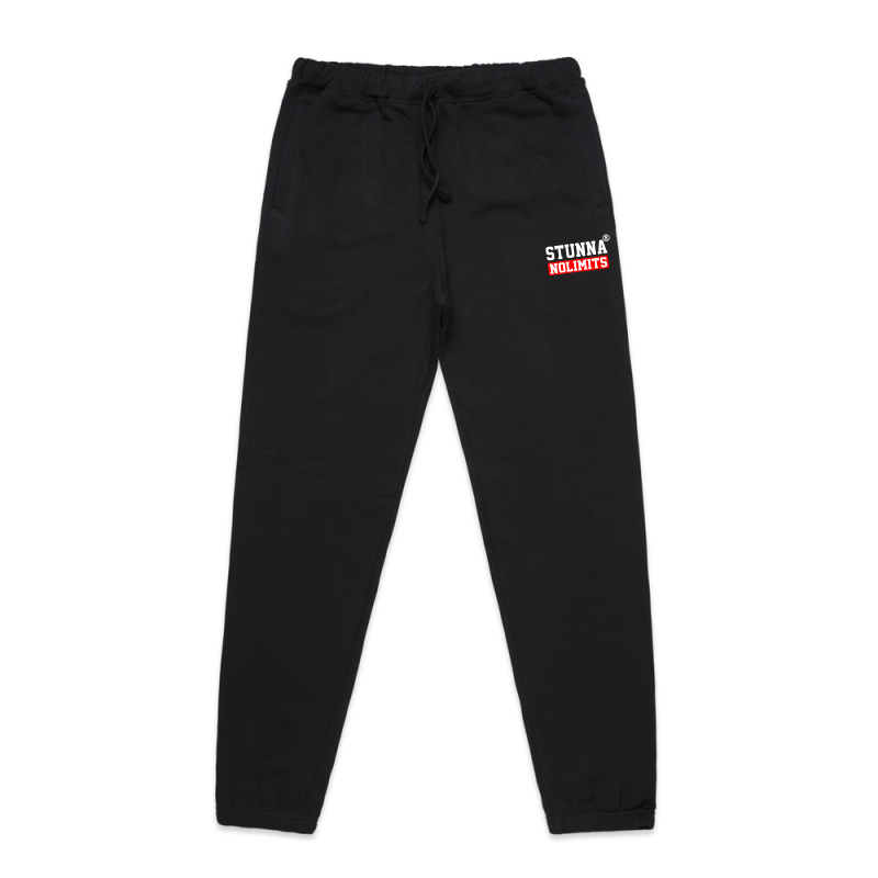 Stunna label on left side of black trackpants