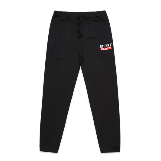 Stunna label on left side of black trackpants