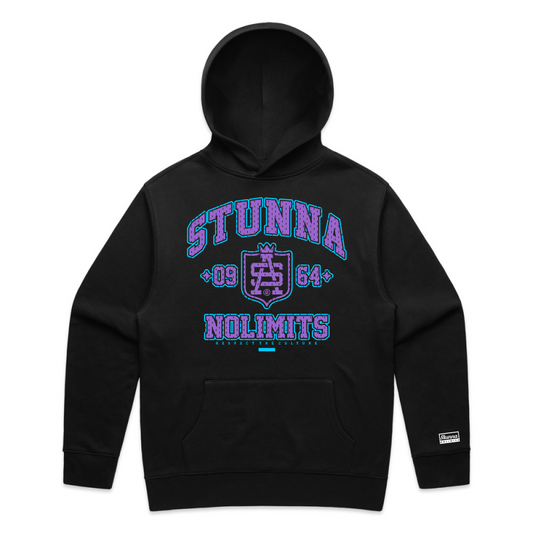Varsity inspired design, front print location on black hoodie