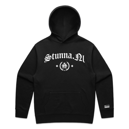 Stunna nl sa crest front location white print on blak hood