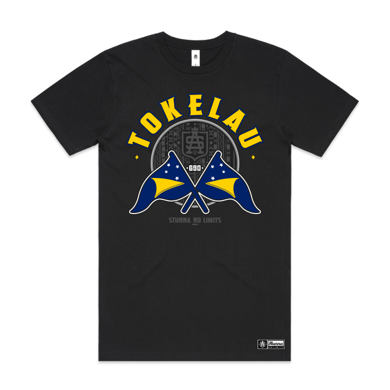 Black t-shirt with 'Tokelau' design featuring flags on a white background