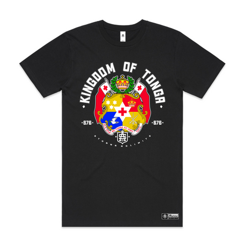 Black t-shirt with Kingdom of Tonga design on a white background