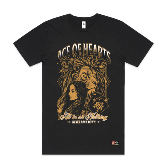 Black t-shirt with gold graphic design featuring a lion and a woman's face, with text 'Ace of Hearts' and 'Never Back Down'.