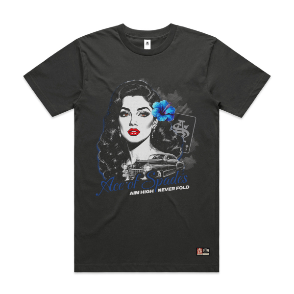 Coal t-shirt with graphic design of a woman with a flower in her hair and text on a white background