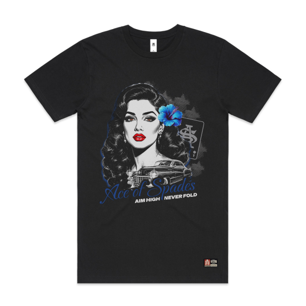 Black t-shirt with a graphic design of a woman with a flower in her hair Ace of spades inspired