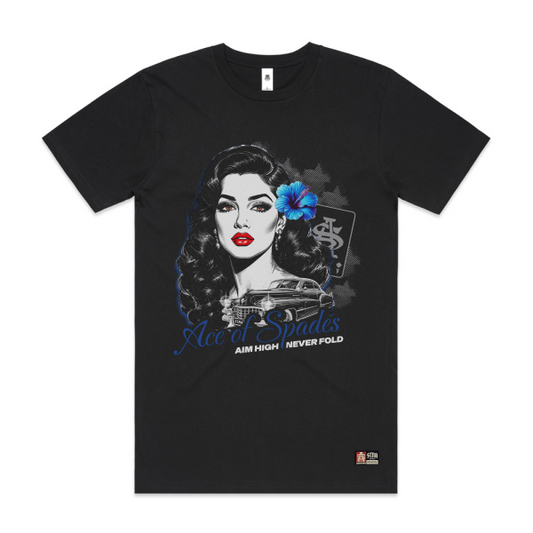 Black t-shirt with a graphic design of a woman with a flower in her hair Ace of spades inspired