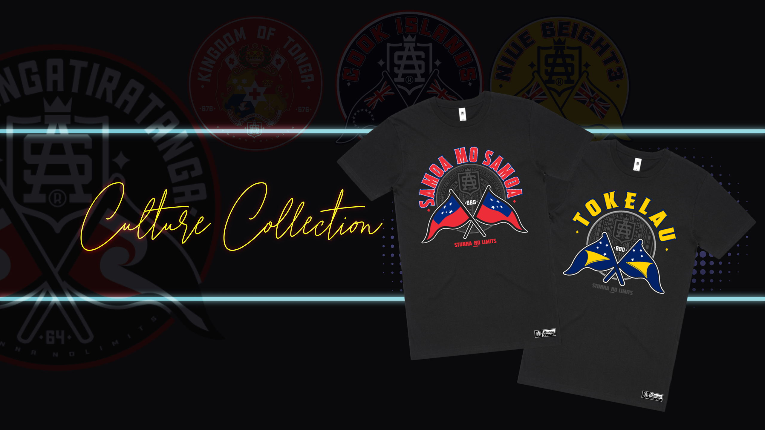 Two black t-shirts with designs and text on a dark background with logos.