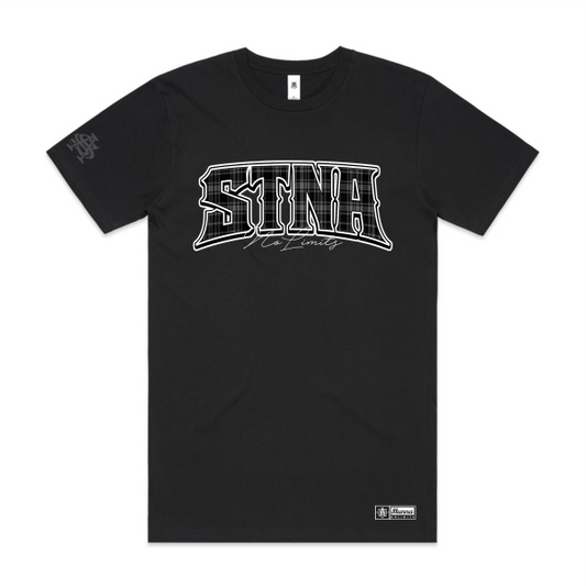 Black tshirt with STNA NoLimits in large text with plaid infill, SA logo on right side sleeve