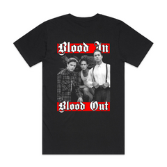 Black t-shirt with graphic design of three Vatos Loco  and 'Blood In Blood Out' text on a white background