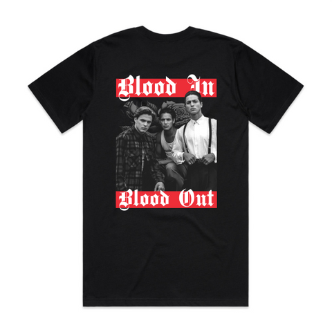Black t-shirt with graphic design and text 'Blood In Blood Out' on a white background