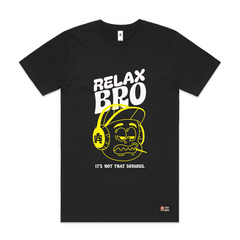 Black Bro t-shirt with yellow and white graphic design on a white background