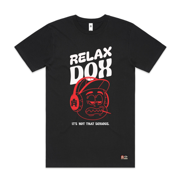 Black t-shirt with red and white Dox graphic design on a white background