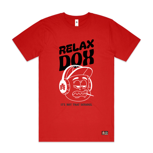 Red t-shirt with black and white Dox graphic design on a white background