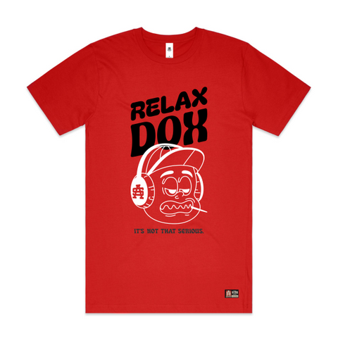 Red t-shirt with black and white Dox graphic design on a white background