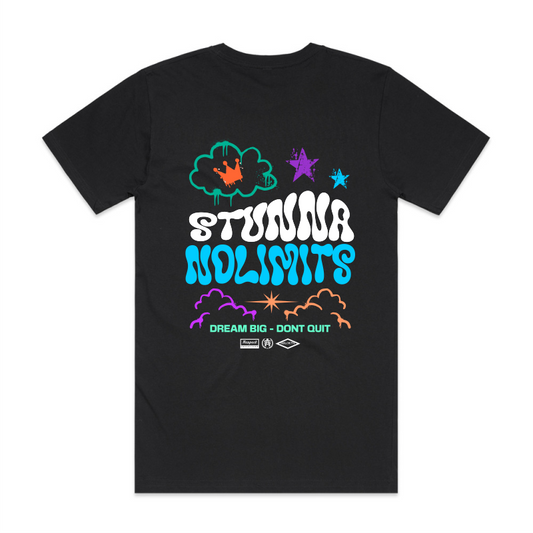 Stunna Nolimits dream big - dont quit typo design multi coloured print on black AS Colour block tshirt and urban collab 7xl