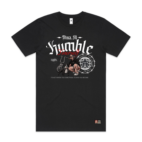 Black t-shirt with graphic design and text on a white background