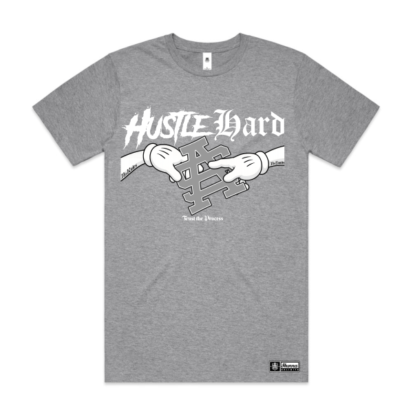 hustle hard artwork with SA logo on grey tshirt