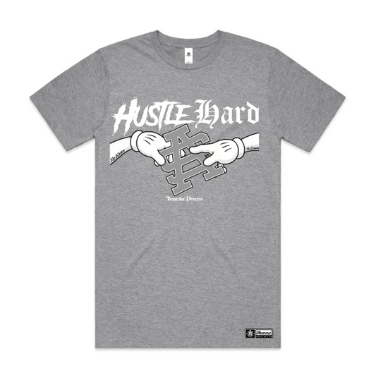 hustle hard artwork with SA logo on grey tshirt