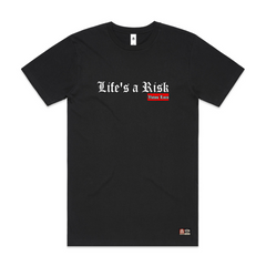 Black t-shirt with 'Life's a Risk' text on a white background