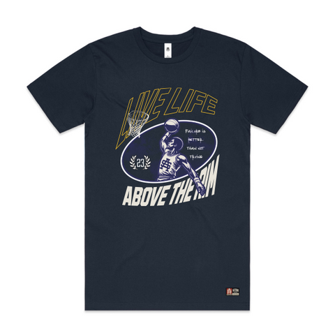 Navy blue t-shirt with graphic design and text on a white background