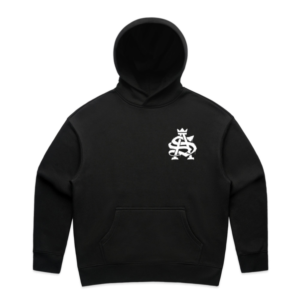 black relax hood SA logo pocket size in white print front location