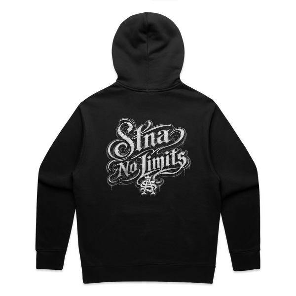 Black hoodie with oldschool cholo font 'Stna No Limits' large text on back hood
