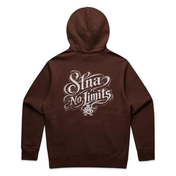 Brown hoodie with oldschool cholo font 'Stna No Limits' large text on back hood