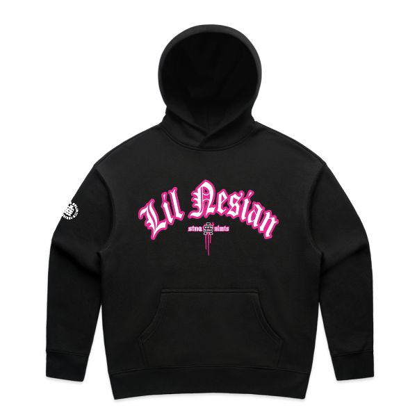 Black hoodie Lil nesian with pink and white text on a white background