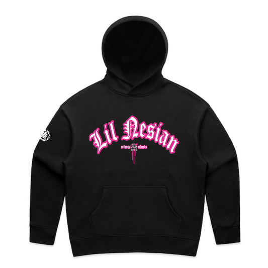 Black hoodie Lil nesian with pink and white text on a white background