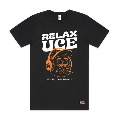 Black t-shirt with orange and white graphic design on a white background