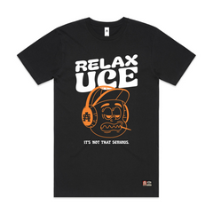 Black t-shirt with orange and white graphic design on a white background