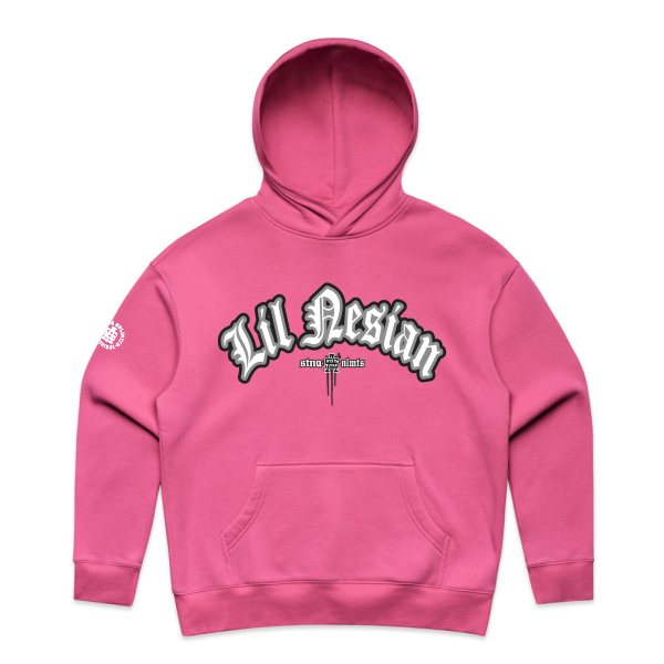 Pink hoodie with 'Lil Nesian' logo on a white background