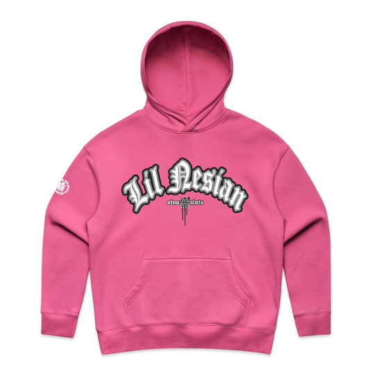 Pink hoodie with 'Lil Nesian' logo on a white background