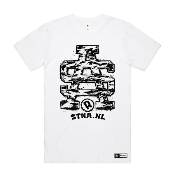 White t-shirt with black graphic design and 'SA logo and STNA.NL' text 