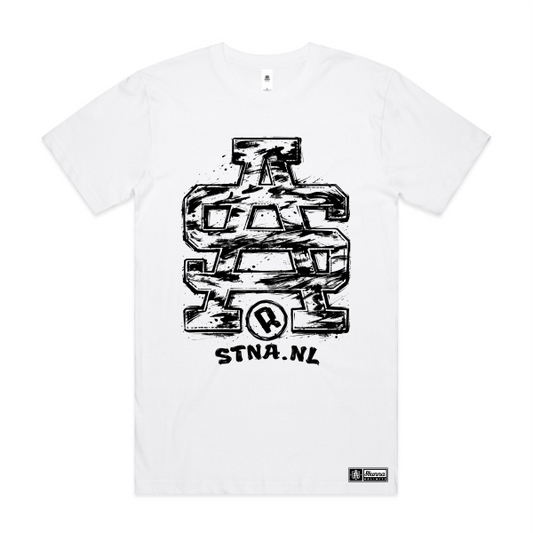 White t-shirt with black graphic design and 'SA logo and STNA.NL' text 