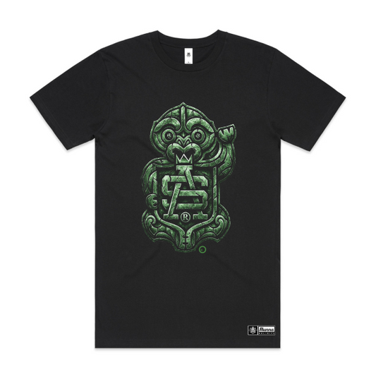 Black t-shirt with SA Tiki green graphic design