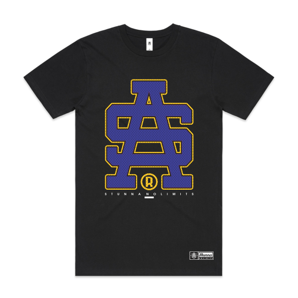 Black t-shirt with blue and yellow logo on a white background