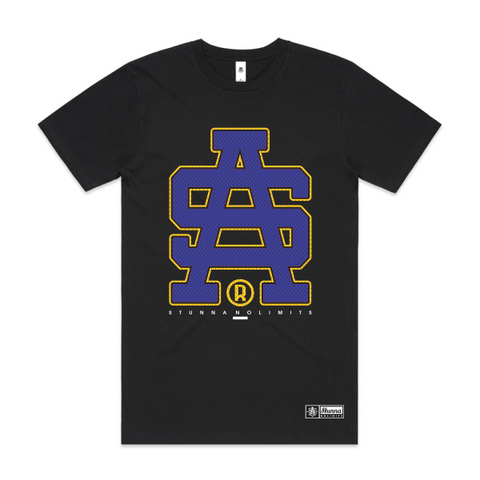 Black t-shirt with blue and yellow logo on a white background