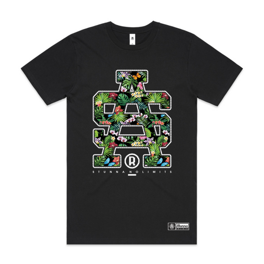 Black t-shirt with floral letter design on a white background
