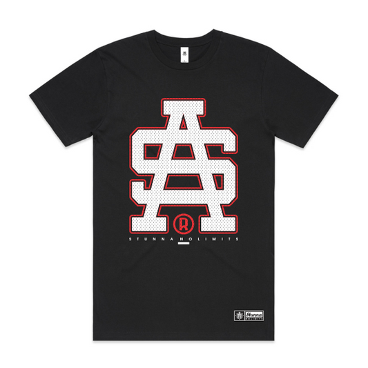 Black t-shirt with red and white logo on a white background