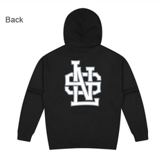 SNL logo on black hoodie back location white and grey