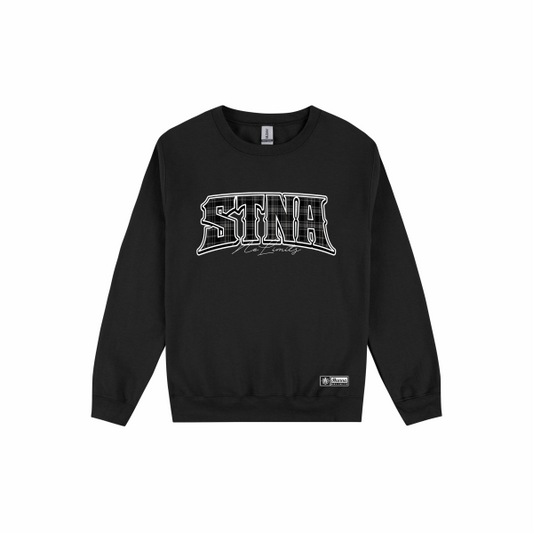 black crew with STNA NoLimits text, Cholo inspired plaid pattern infill