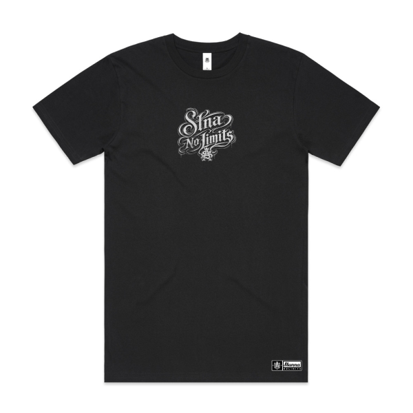 Stna no limits text in cali font front print black tshirt