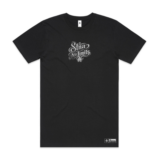 Stna no limits text in cali font front print black tshirt