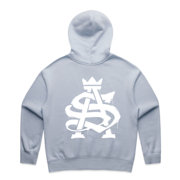 Baby blue relax hood SA logo large, back location in white print