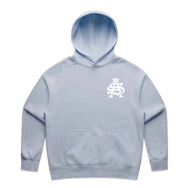 Baby blue relax hood SA logo pocket size front location