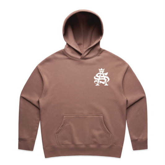 Hazy Pink relax hood with SA logo pocket size in white print